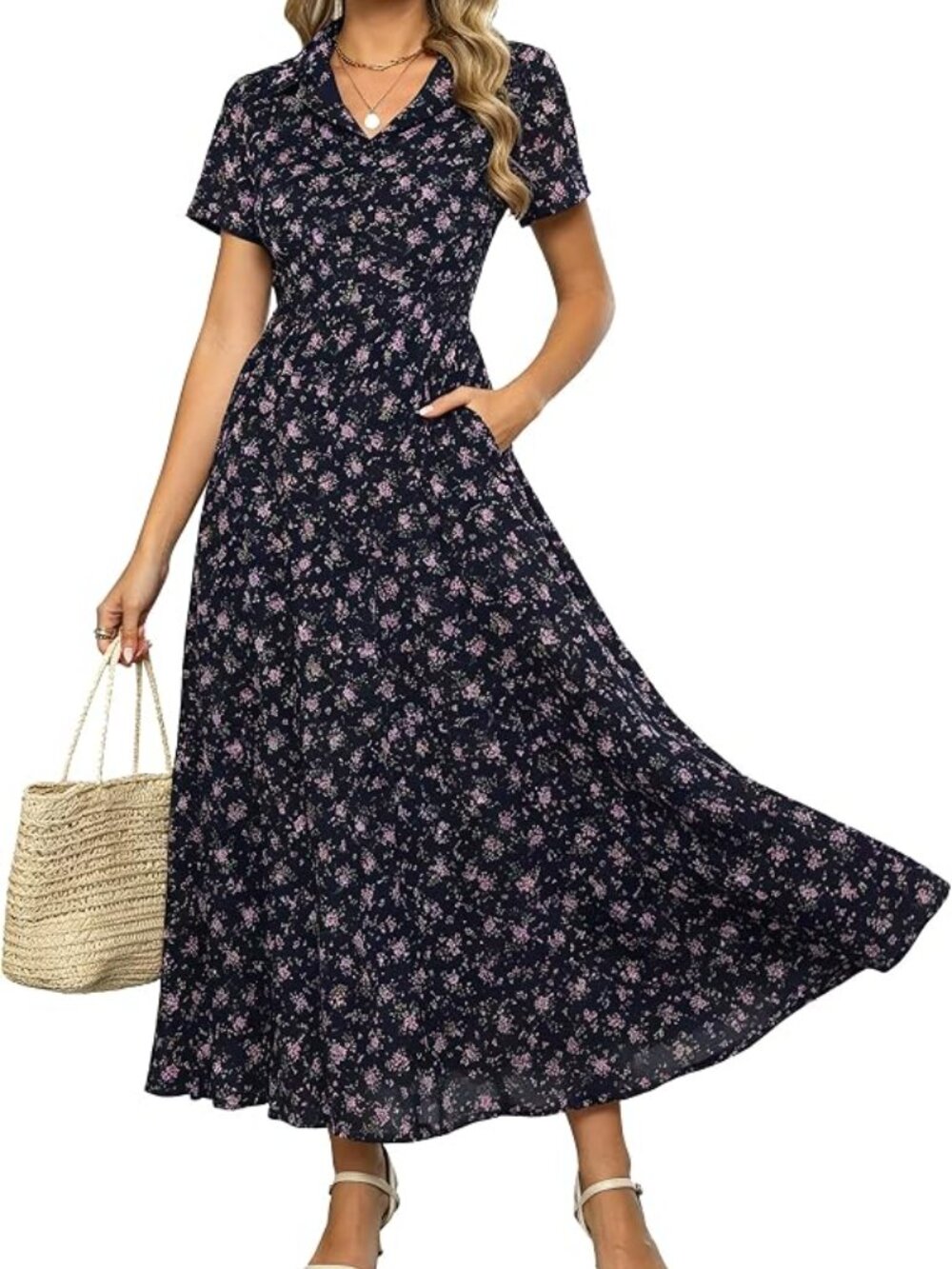 NWT Kranda 2026 Dress XXL Collared V Neck Short Sleeve Tiered Maxi Blue Pink Flo